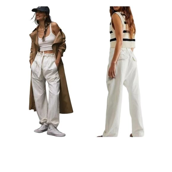 FREE PEOPLE NWT Large Sky Rider Linen Ecru Pants High Rise Paper bag Waist #781 - Picture 2 of 11